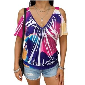 Lipstick Cold Shoulder Tie Dye Blouse V-Neck Colorful‎ Size M Womens Festival